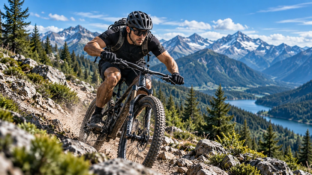 Escena conceptual de un ciclista de montaña en un sendero