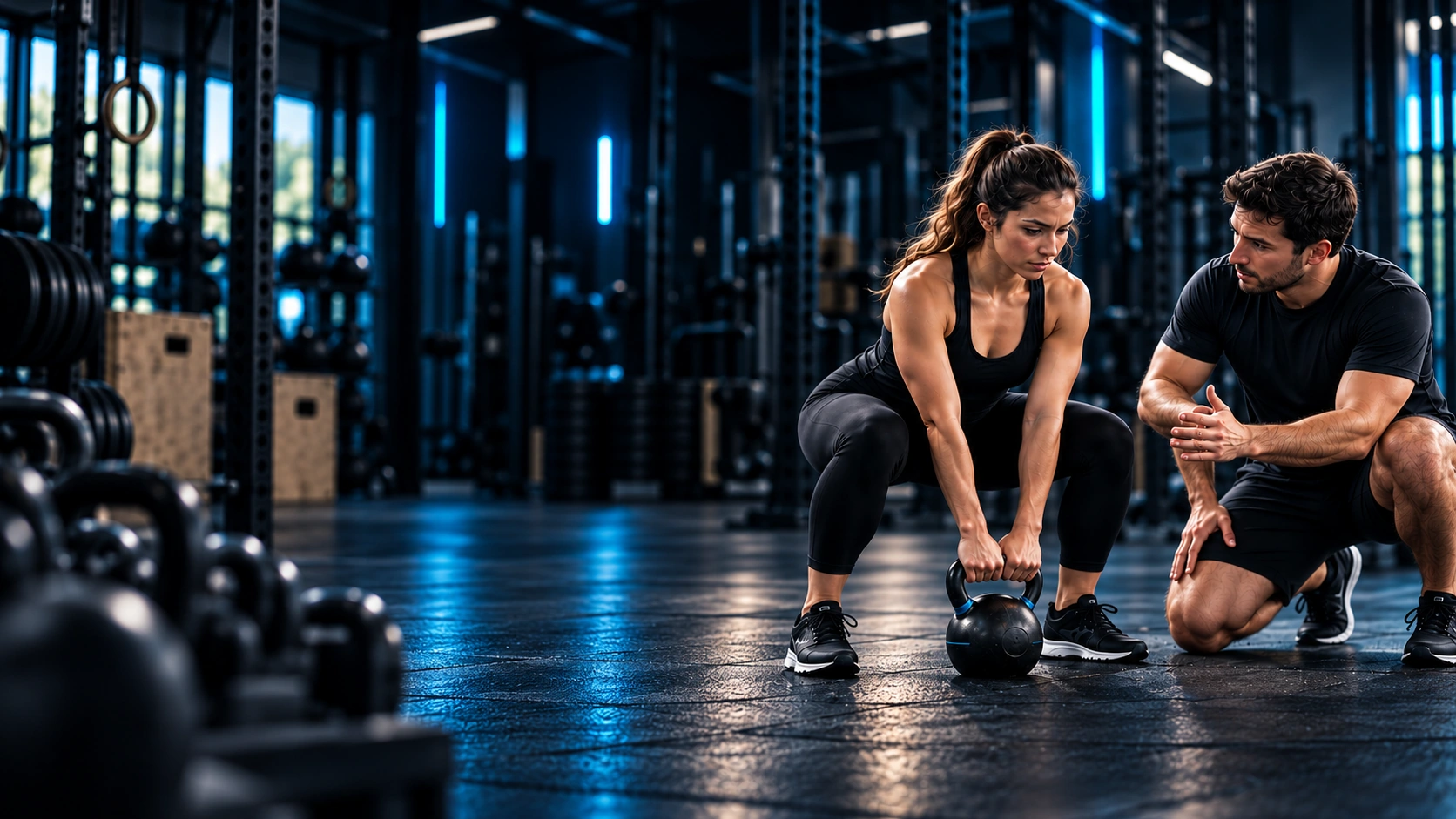 Escena conceptual de entrenamiento guiado de ADN Active, con una atleta y su entrenador